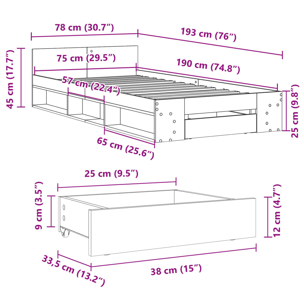 Rám Postele Se Zásuvkou Bílý 75 X 190 Cm Kompozitní Dřevo