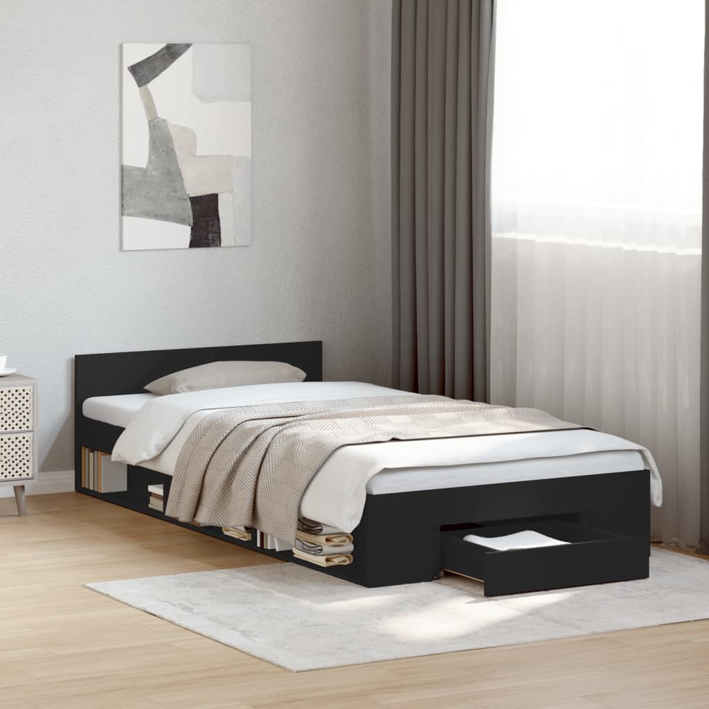 Rám Postele Se Zásuvkou Černý 75 X 190 Cm Kompozitní Dřevo