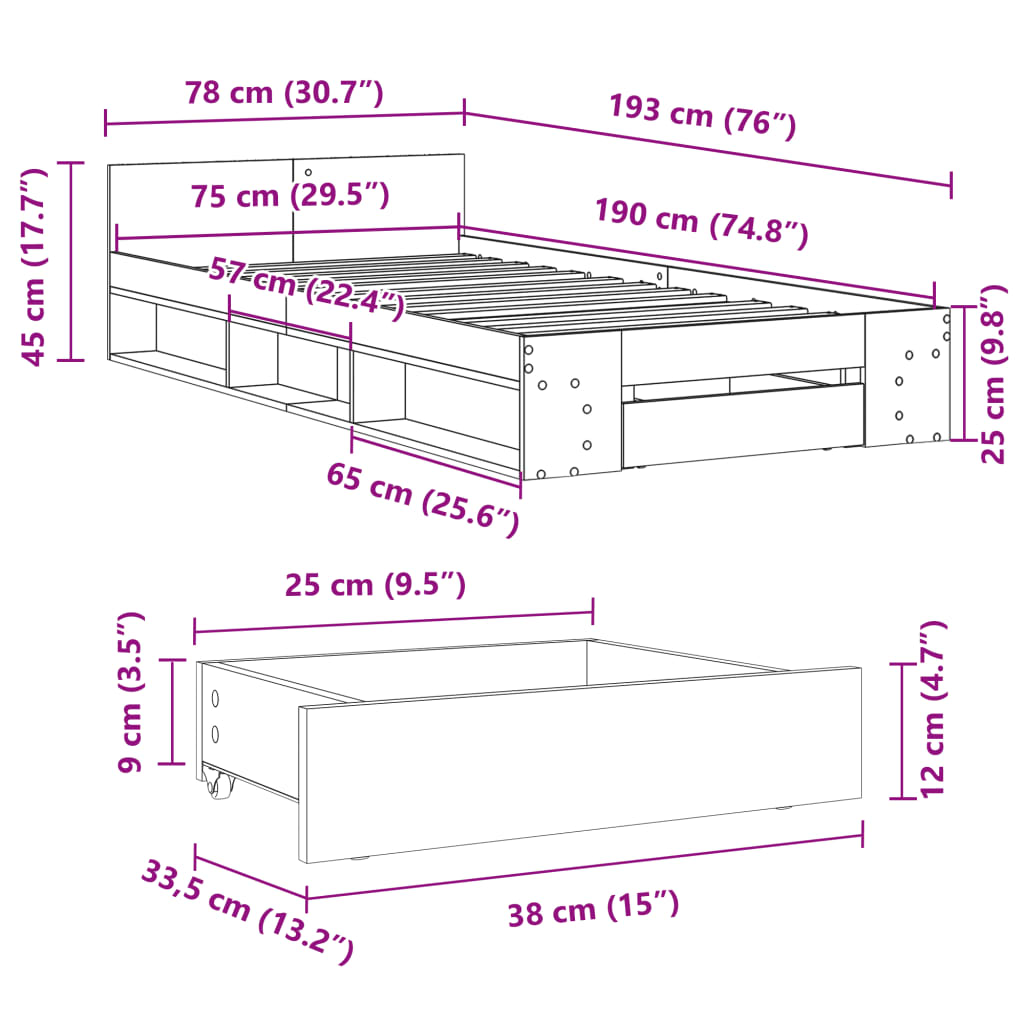 Rám Postele Se Zásuvkou Kouřový Dub 75X190 Cm Kompozitní Dřevo