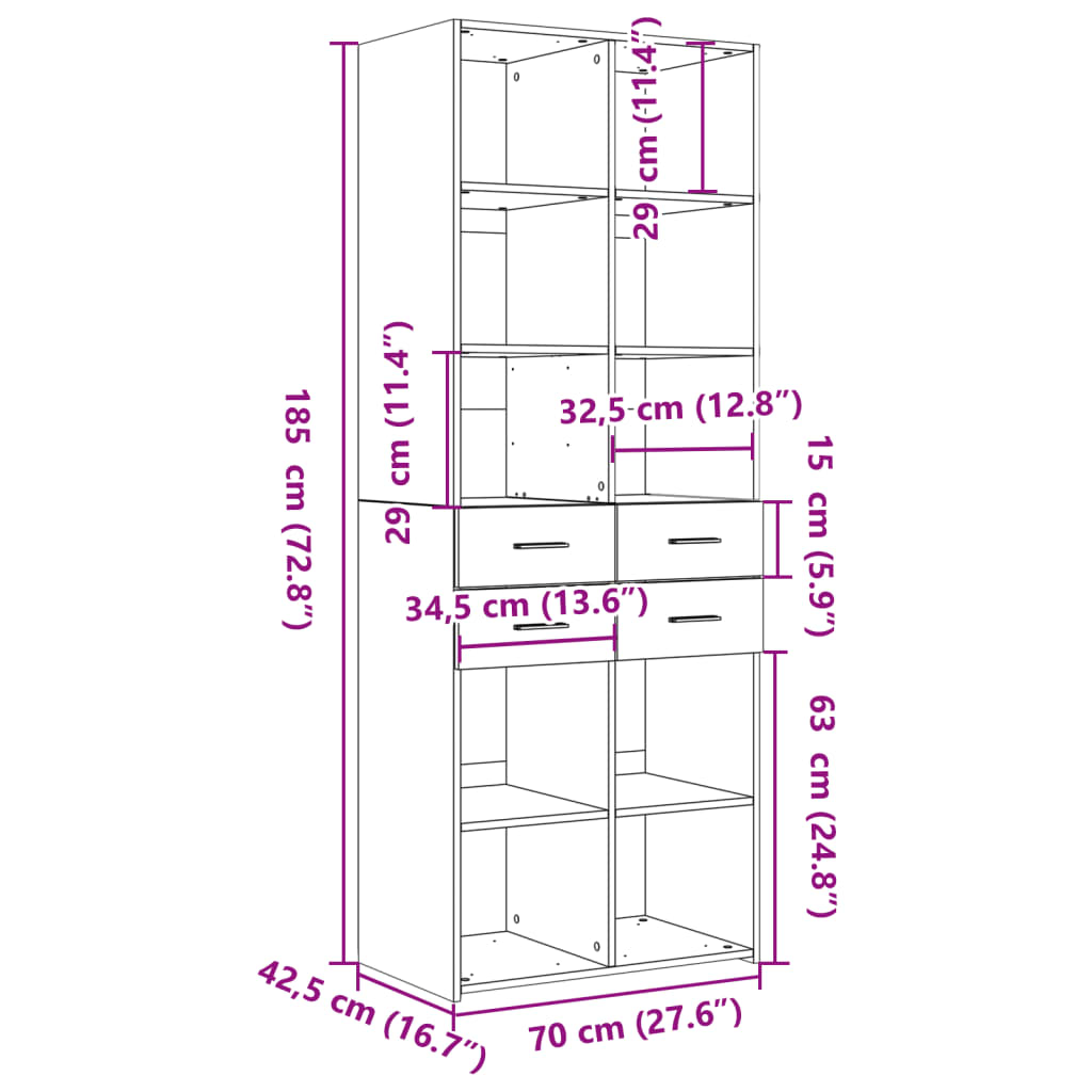 Skříň Highboard Kouřový Dub 70 X 42,5 X 185 Cm Kompozitní Dřevo