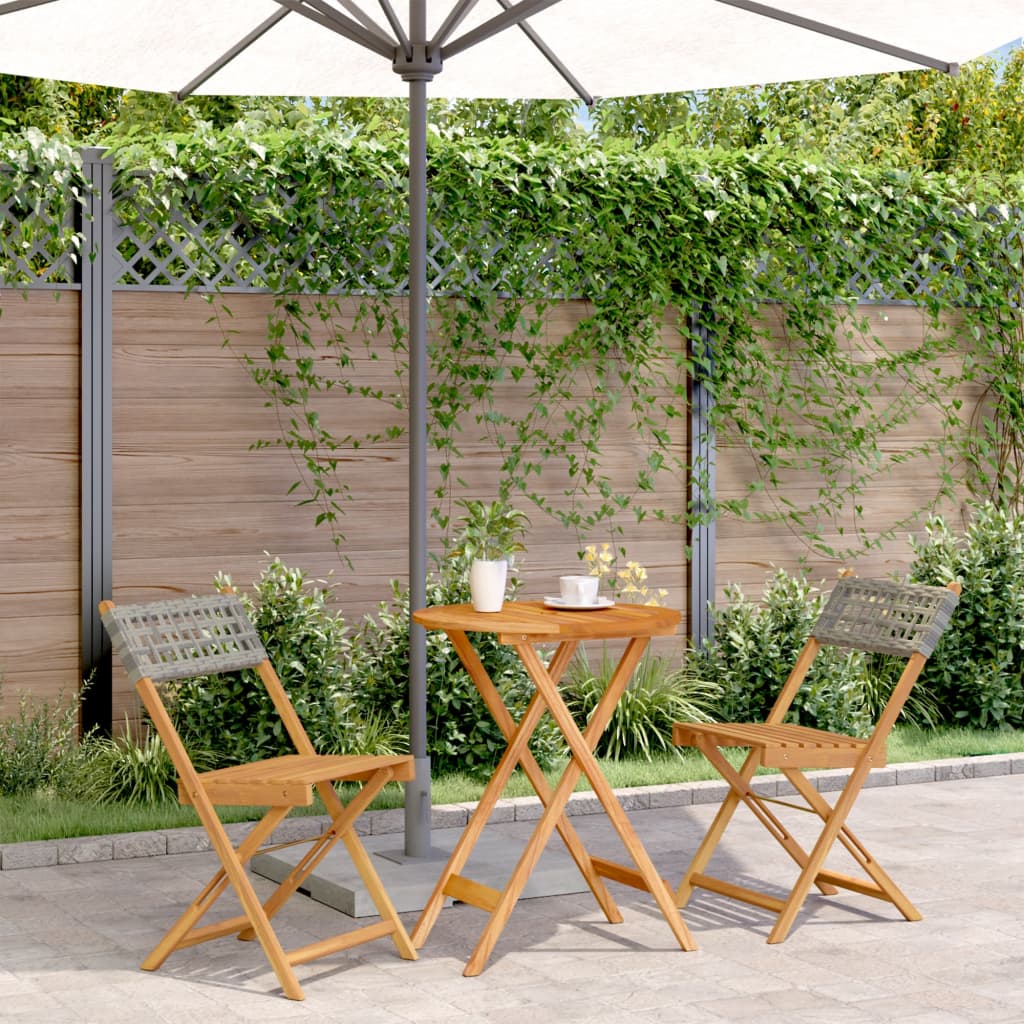 3Dílný Bistro Set Šedý Polyratan A Masivní Dřevo