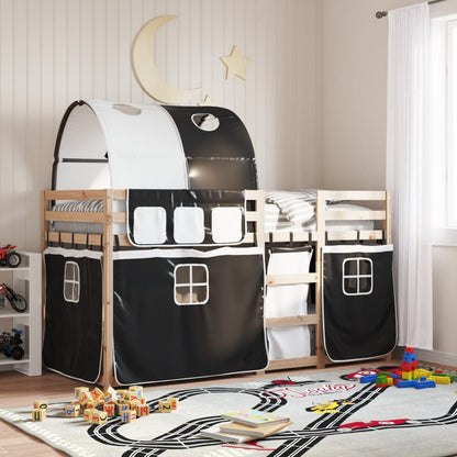 Dětská Patrová Postel Se Závěsy Bílá A Černá Borovice