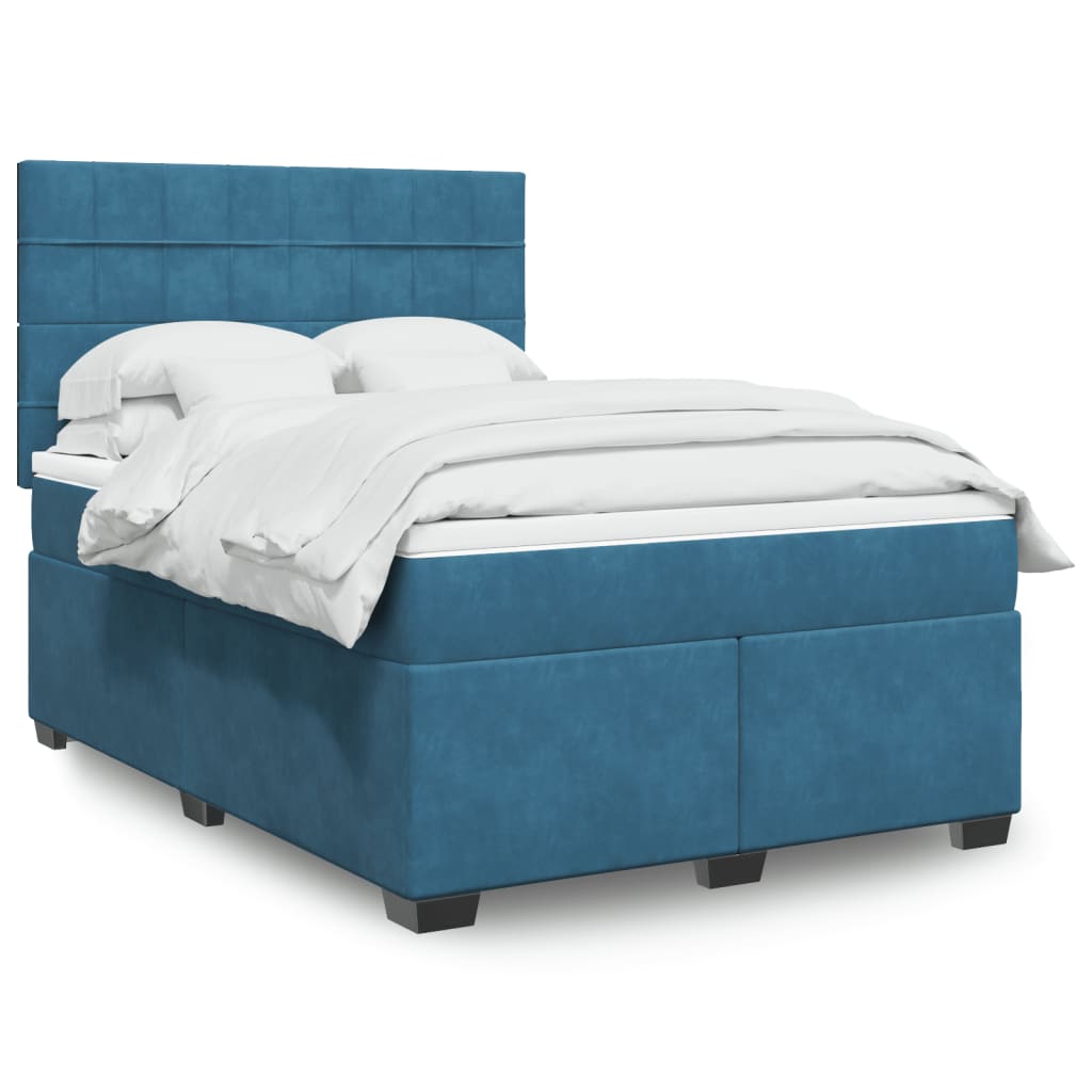 Box Spring Postel S Matrací Samet Modrá