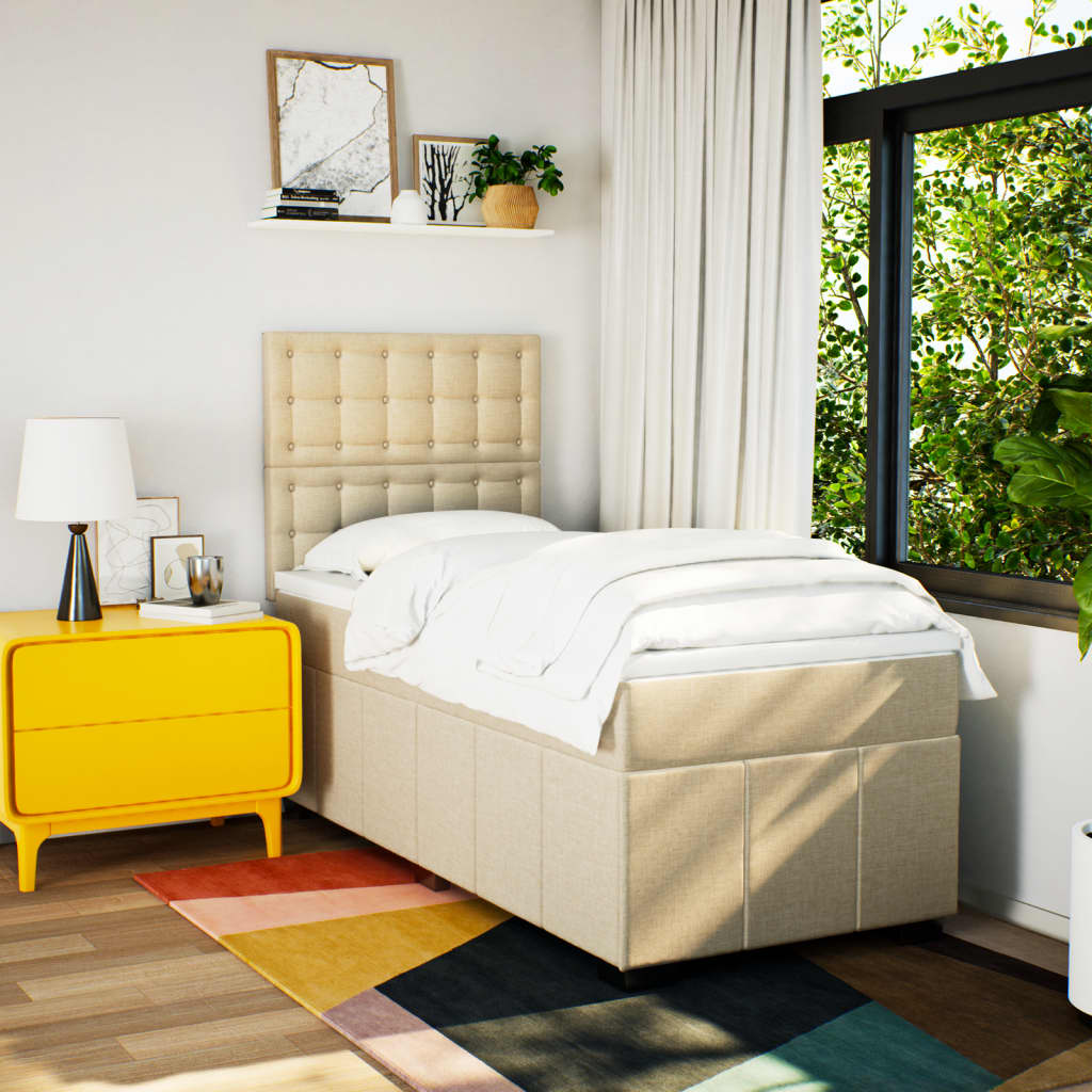 Box Spring Postel S Matrací Krémová 100 X 200 Cm Textil
