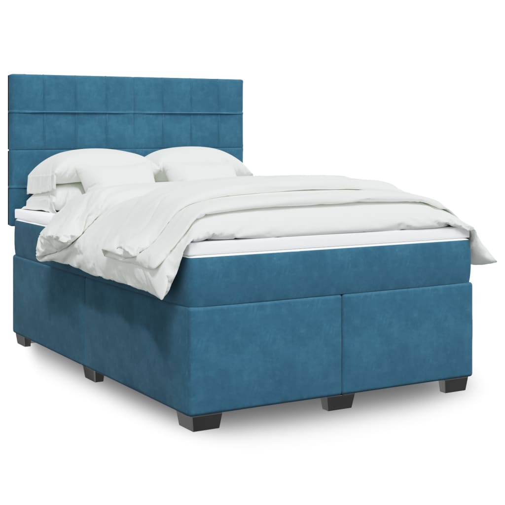 Box Spring Postel S Matrací Samet Modrá