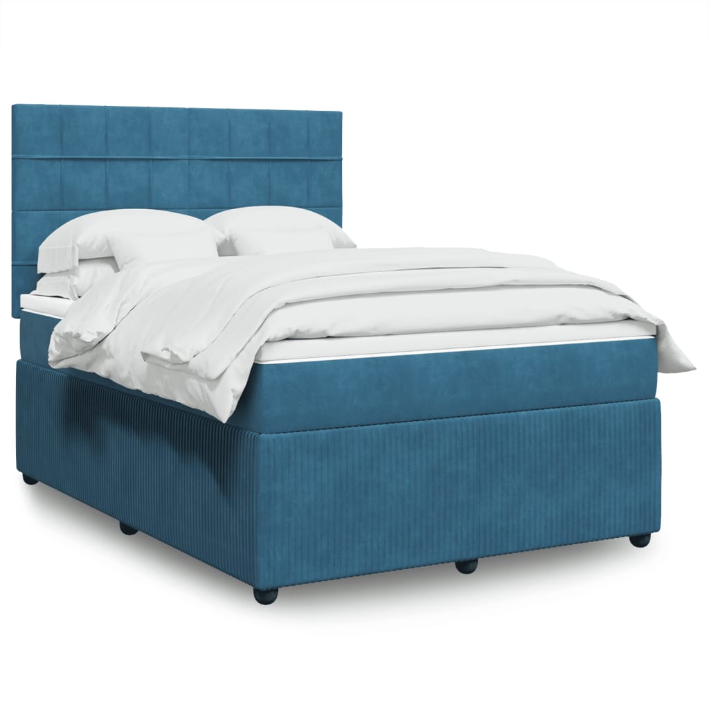 Box Spring Postel S Matrací Samet Modrá