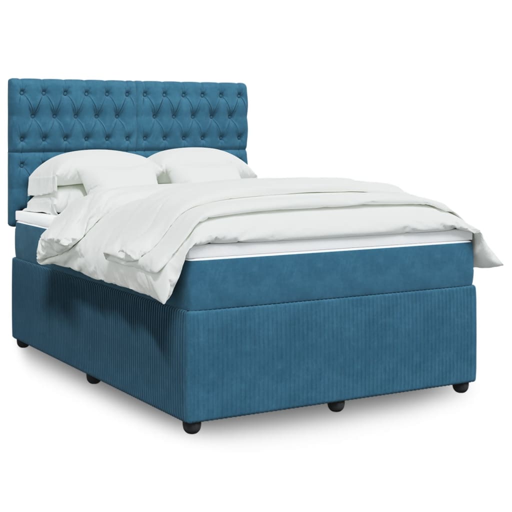 Box Spring Postel S Matrací Samet Modrá
