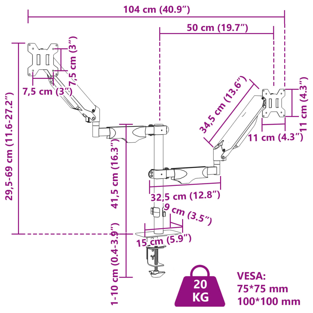 Dvojité Rameno Na Monitory Max. 27" Plynová Pružina 20 Kg