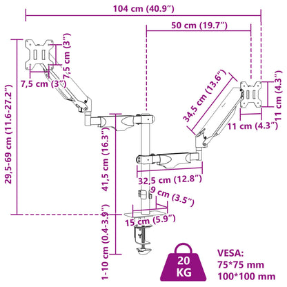 Dvojité Rameno Na Monitory Max. 27" Plynová Pružina 20 Kg