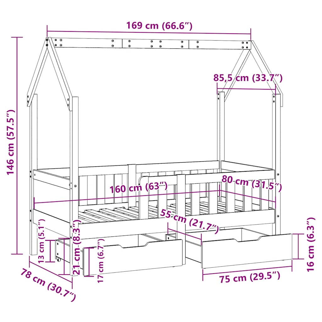 Dětská Postel Se Zásuvkami 80 X 170 Cm Masivní Borové Dřevo