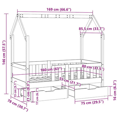 Dětská Postel Se Zásuvkami 80 X 170 Cm Masivní Borové Dřevo