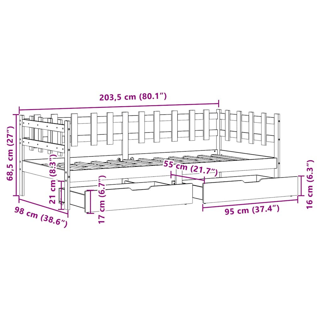 Válenda Se Zásuvkami Bílá 80 X 200 Cm Masivní Borovice