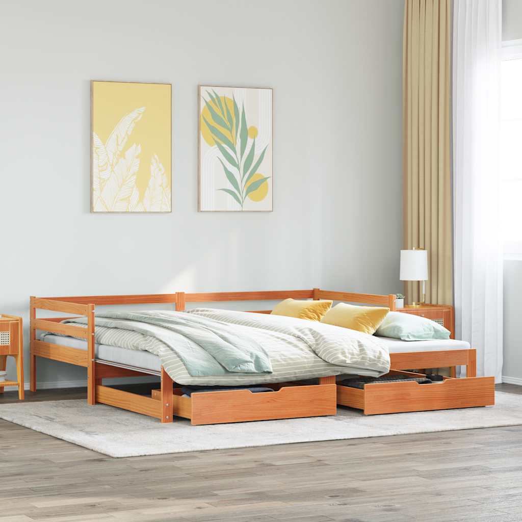Válenda S Přistýlkou A Zásuvkami Hnědá 90X200 Cm Masiv Borovice