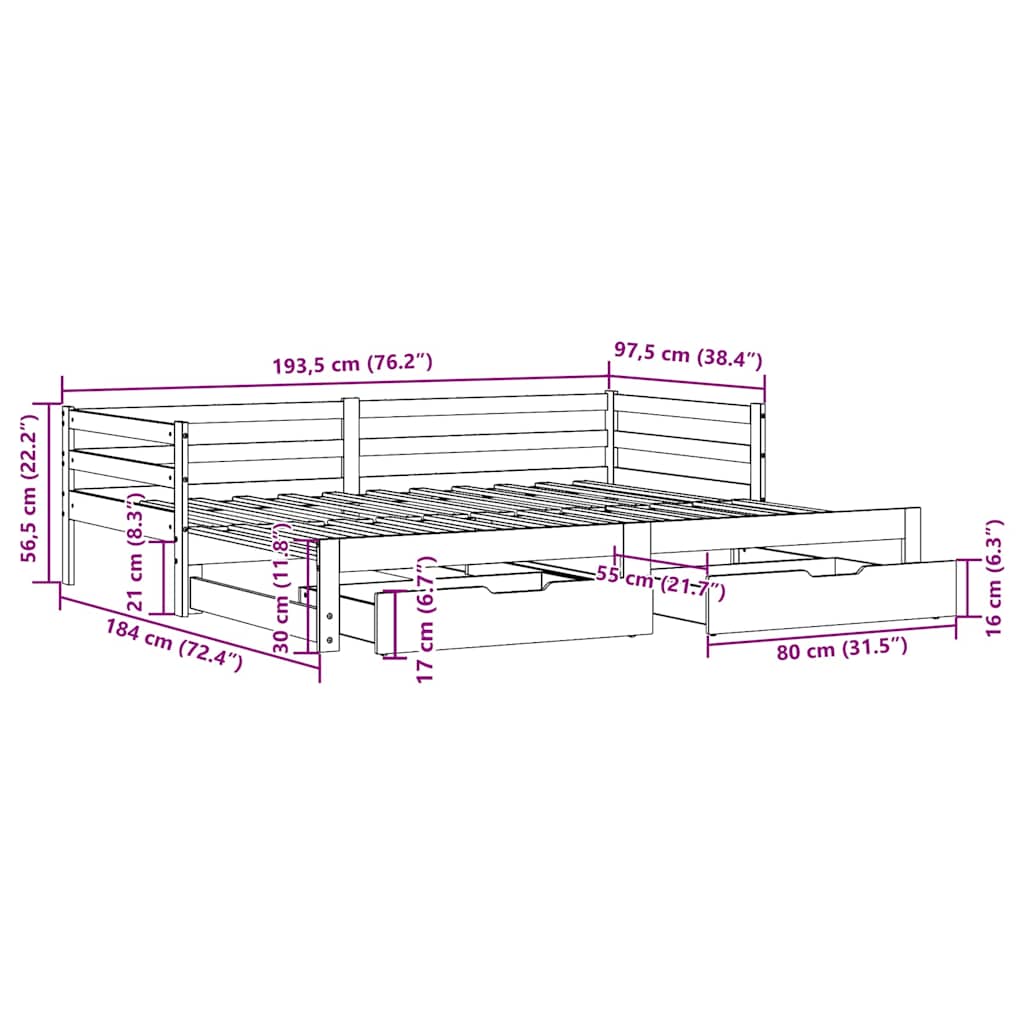 Válenda S Přistýlkou A Zásuvkami Hnědá 90X190 Cm Masiv Borovice