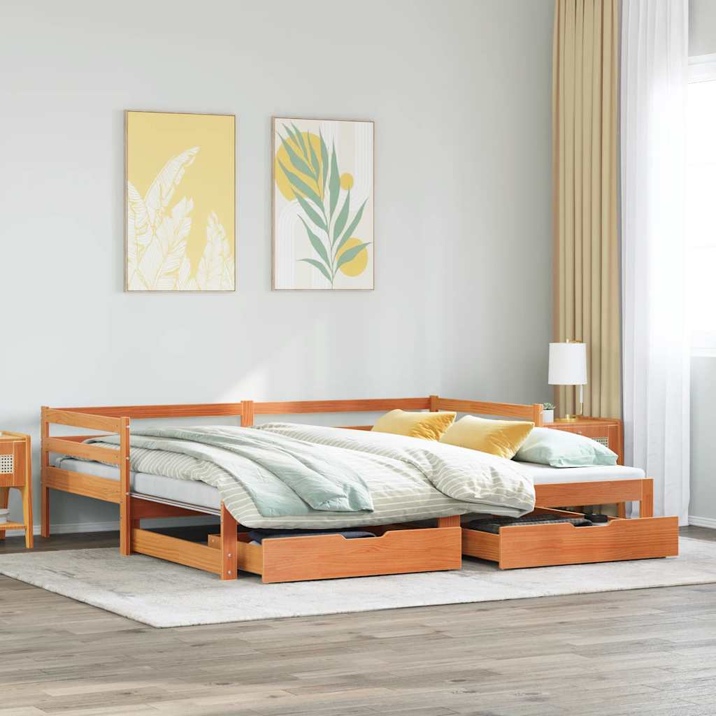 Válenda S Přistýlkou A Zásuvkami Hnědá 90X190 Cm Masiv Borovice
