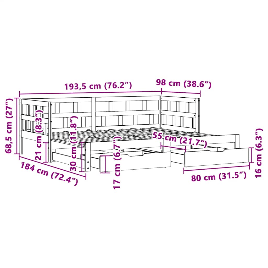 Válenda S Přistýlkou A Zásuvkami Bez Matrace Bílá 90X190 Cm
