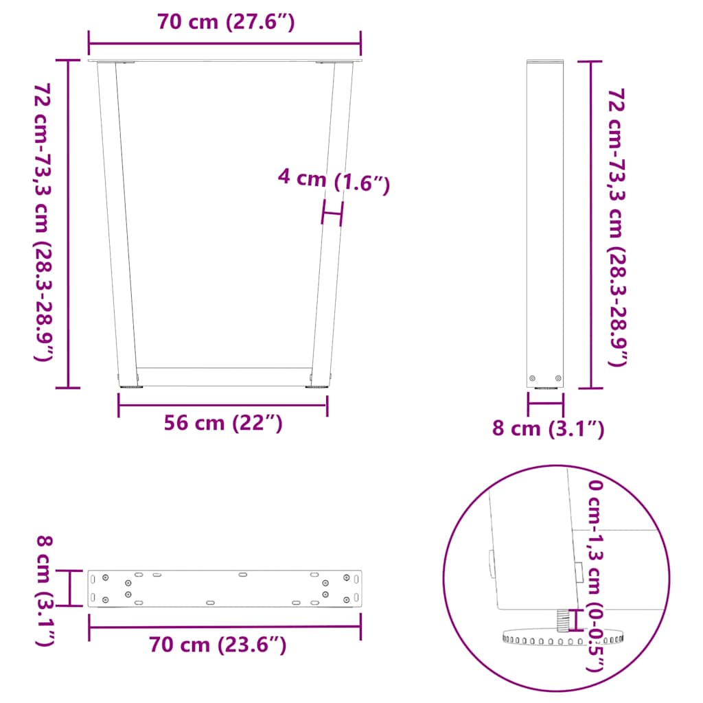 Nohy K Jídelnímu Stolu Ve Tvaru V, 3 Ks, Antracitové, 70 X (72-73,3) Cm, Ocel