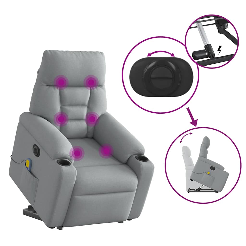 Elektrické Zvedací Masážní Polohovací Křeslo Světle Šedé Textil
