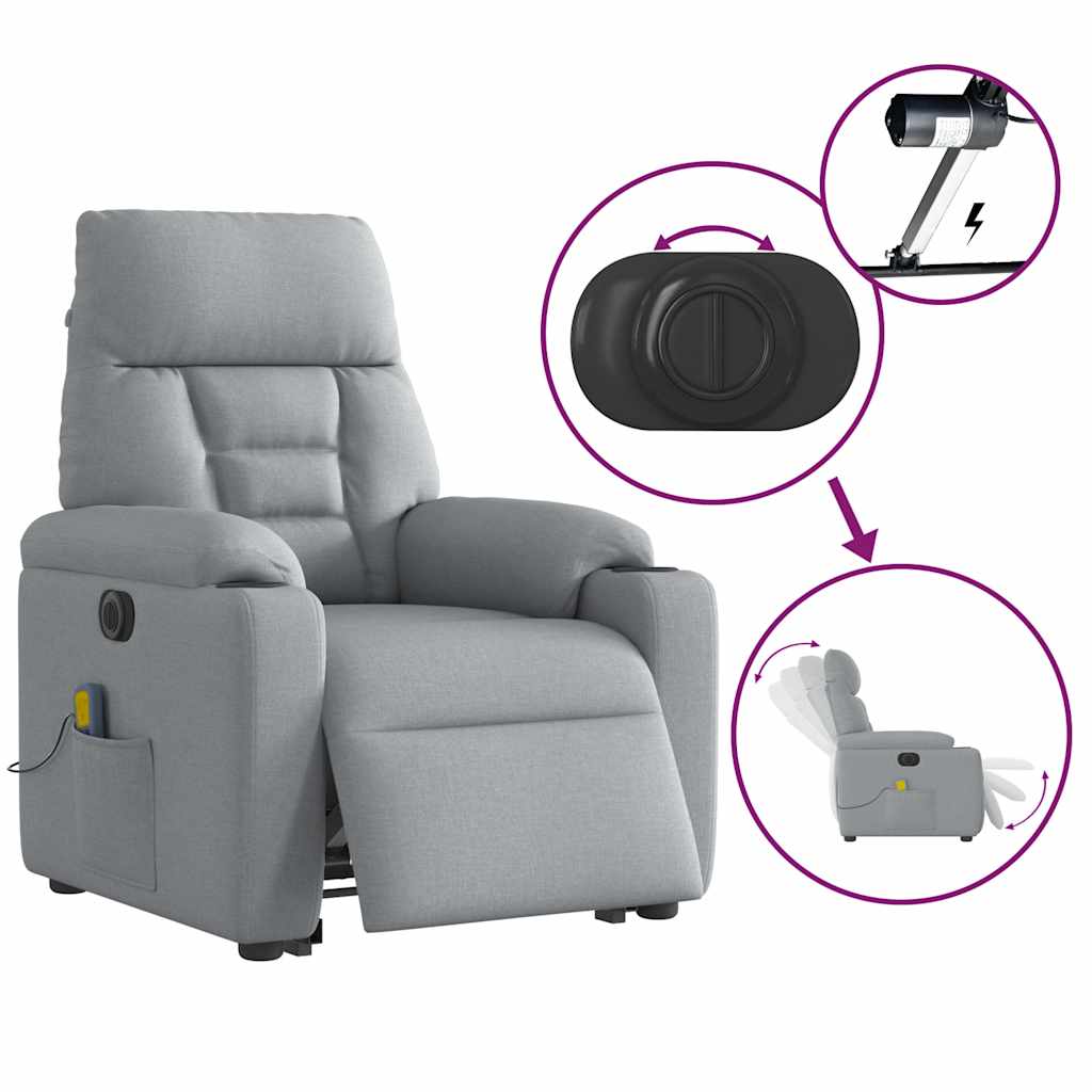 Elektrické Zvedací Masážní Polohovací Křeslo Světle Šedé Textil