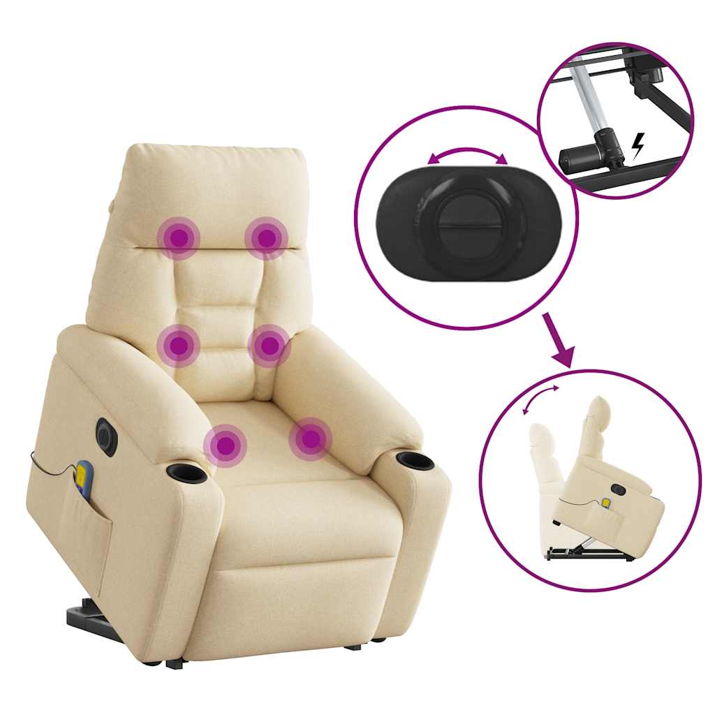 Elektrické Zvedací Masážní Polohovací Křeslo Krémové Textil