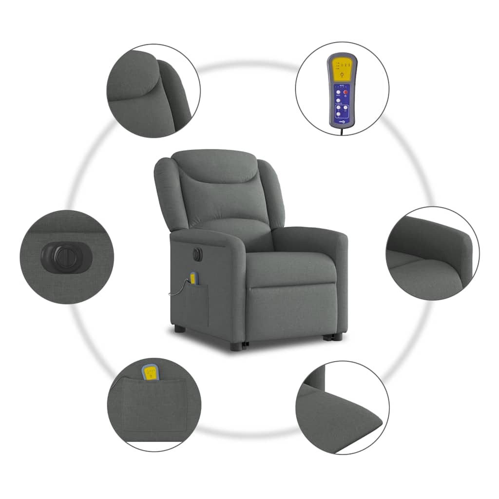 Elektrické Zvedací Masážní Polohovací Křeslo Tmavě Šedé Textil Tmavě Šedá