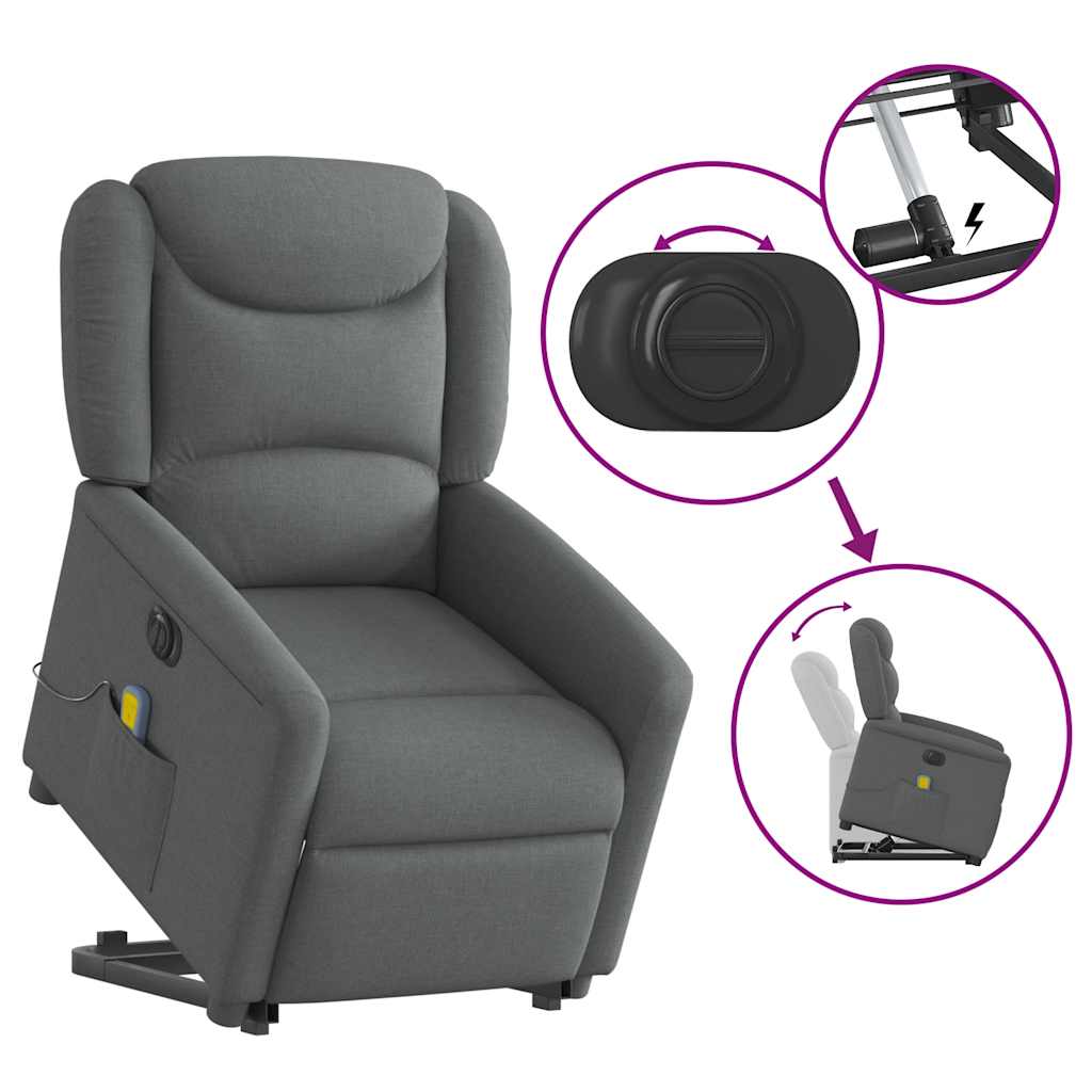 Elektrické Zvedací Masážní Polohovací Křeslo Tmavě Šedé Textil Tmavě Šedá