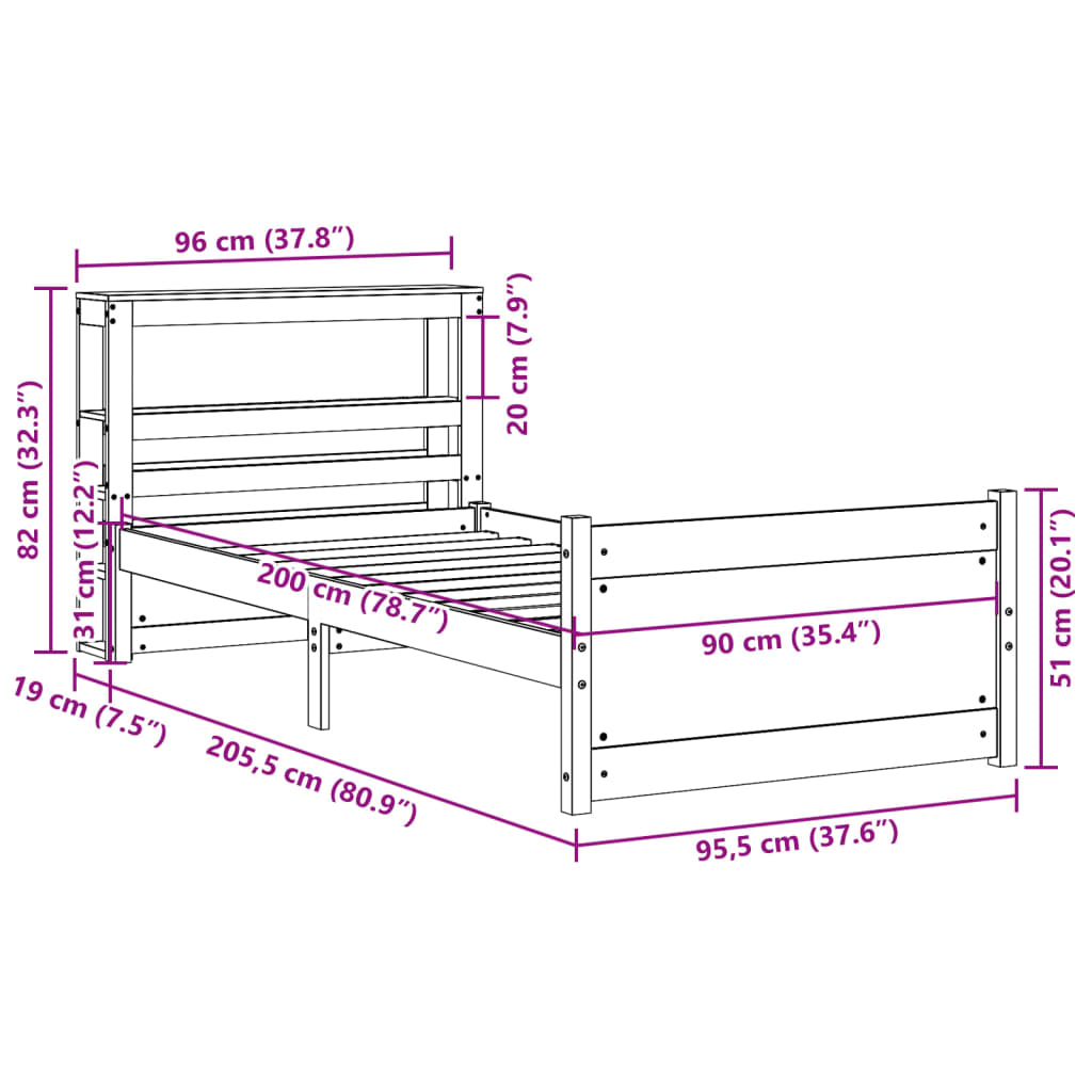 Rám Postele S Čelem 90 X 200 Cm Masivní Borové Dřevo