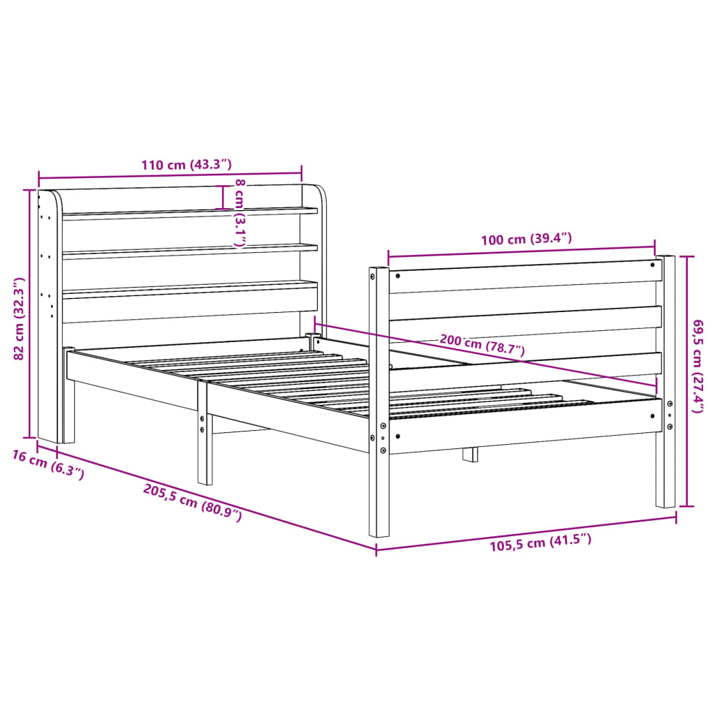 Rám Postele S Čelem 100 X 200 Cm Masivní Borové Dřevo