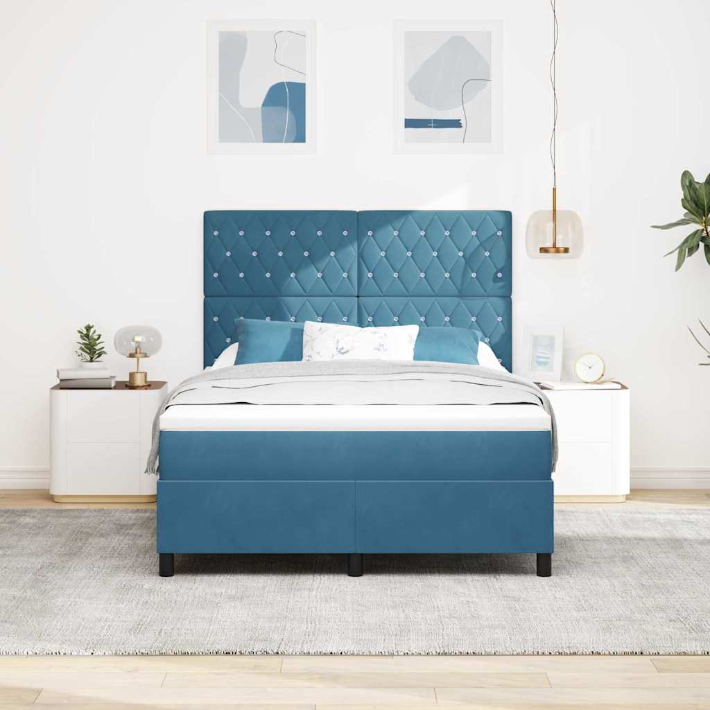 Postel S Boxspringem S Matrací Tmavě Modrá 140 X 190 Cm Samet