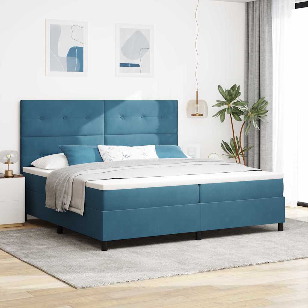 Postel S Boxspringem S Čelo Tmavě Modrá 200 X 200 Cm Samet