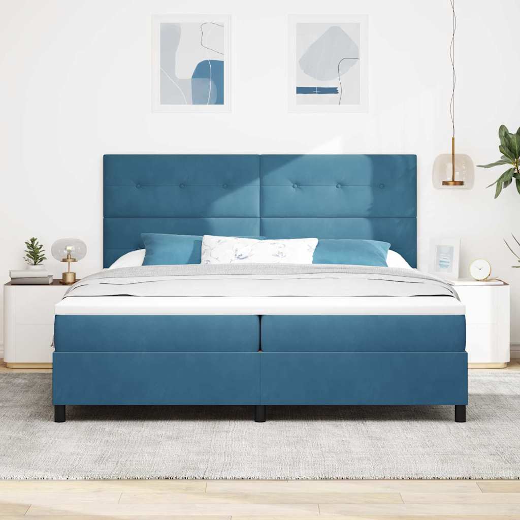 Postel S Boxspringem S Čelo Tmavě Modrá 200 X 200 Cm Samet