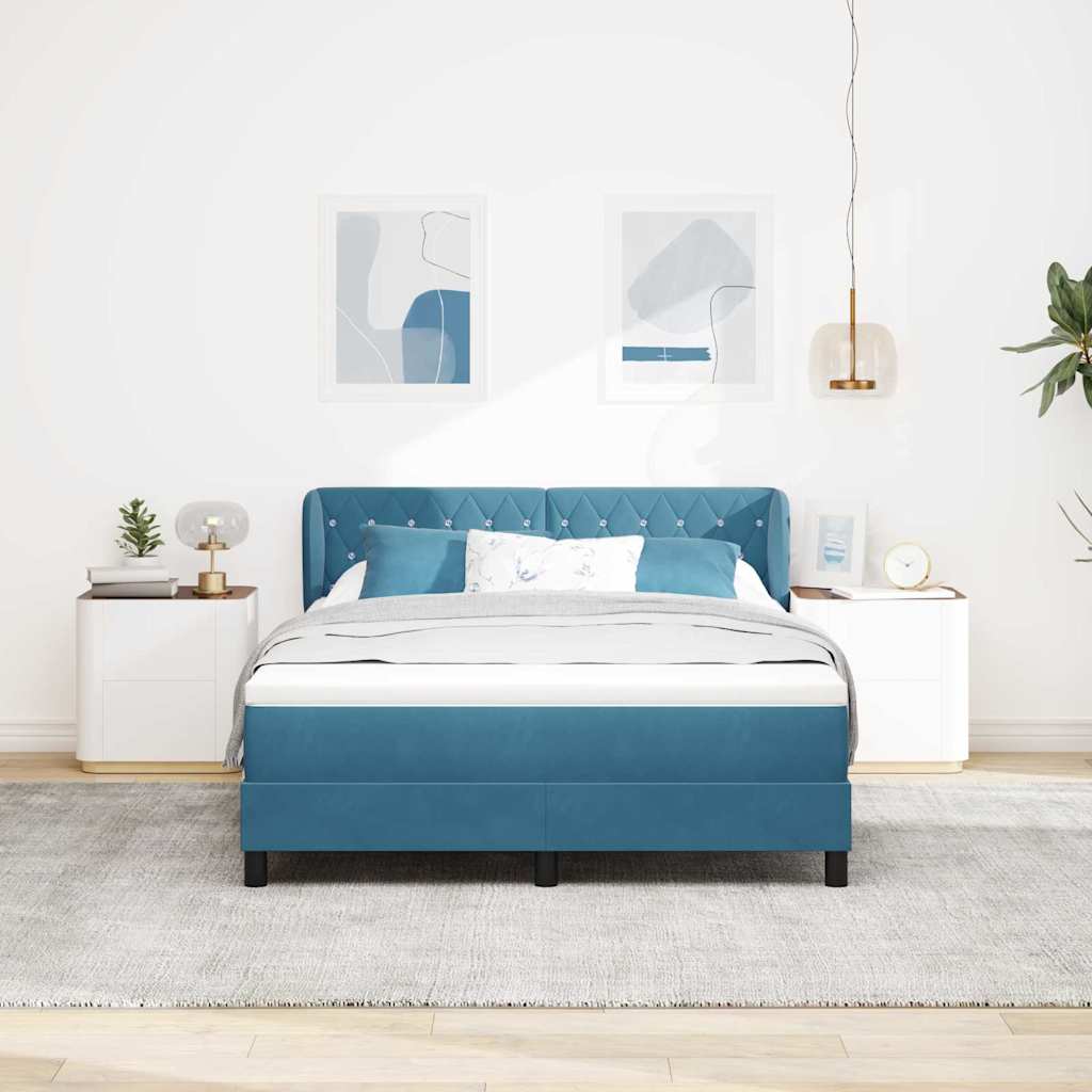Postel S Boxspringem S Čelo Tmavě Moddrá 140 X 190 Cm Samet