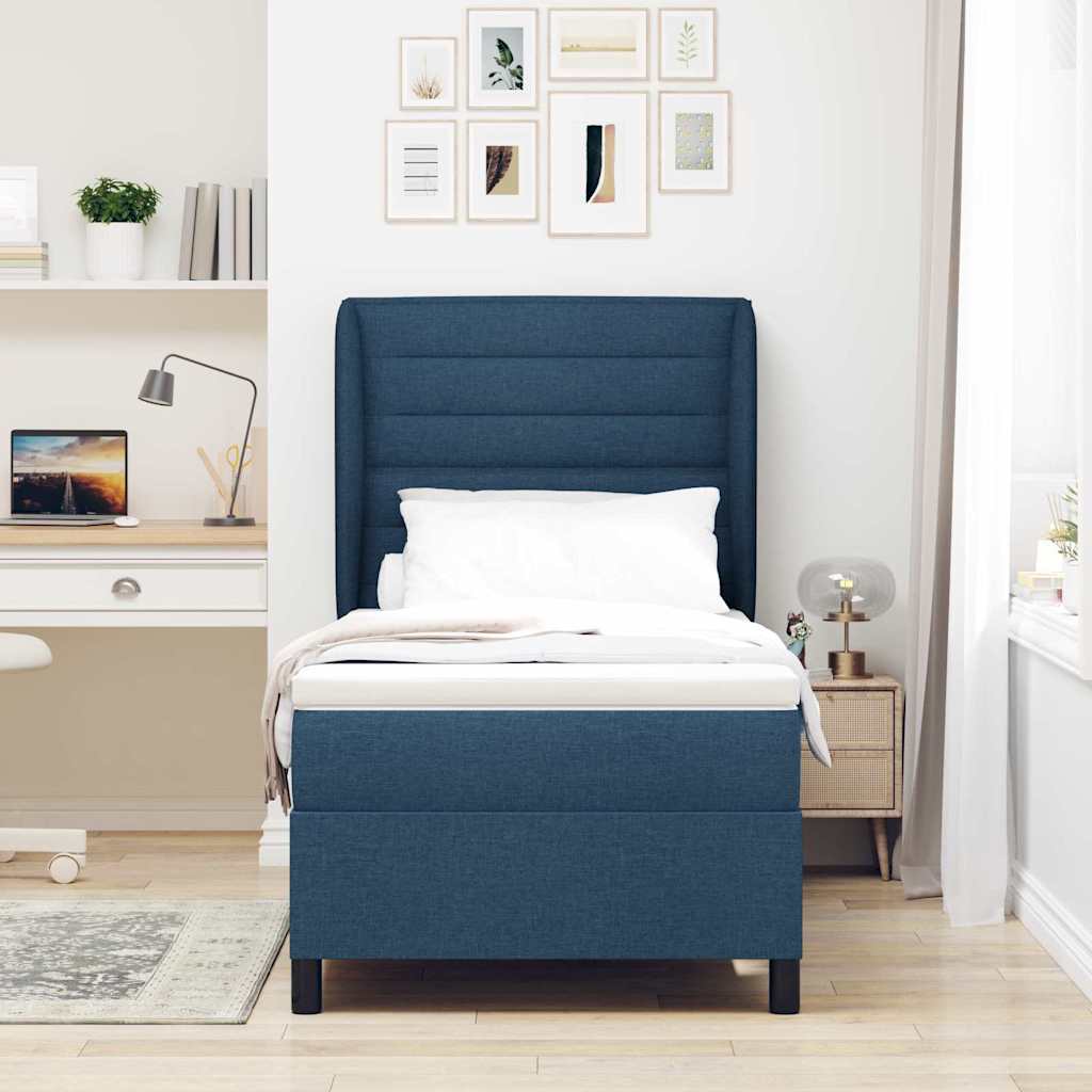 Postel S Boxspringem S Matrací S Čelo Modrá 90 X 190 Cm Textil