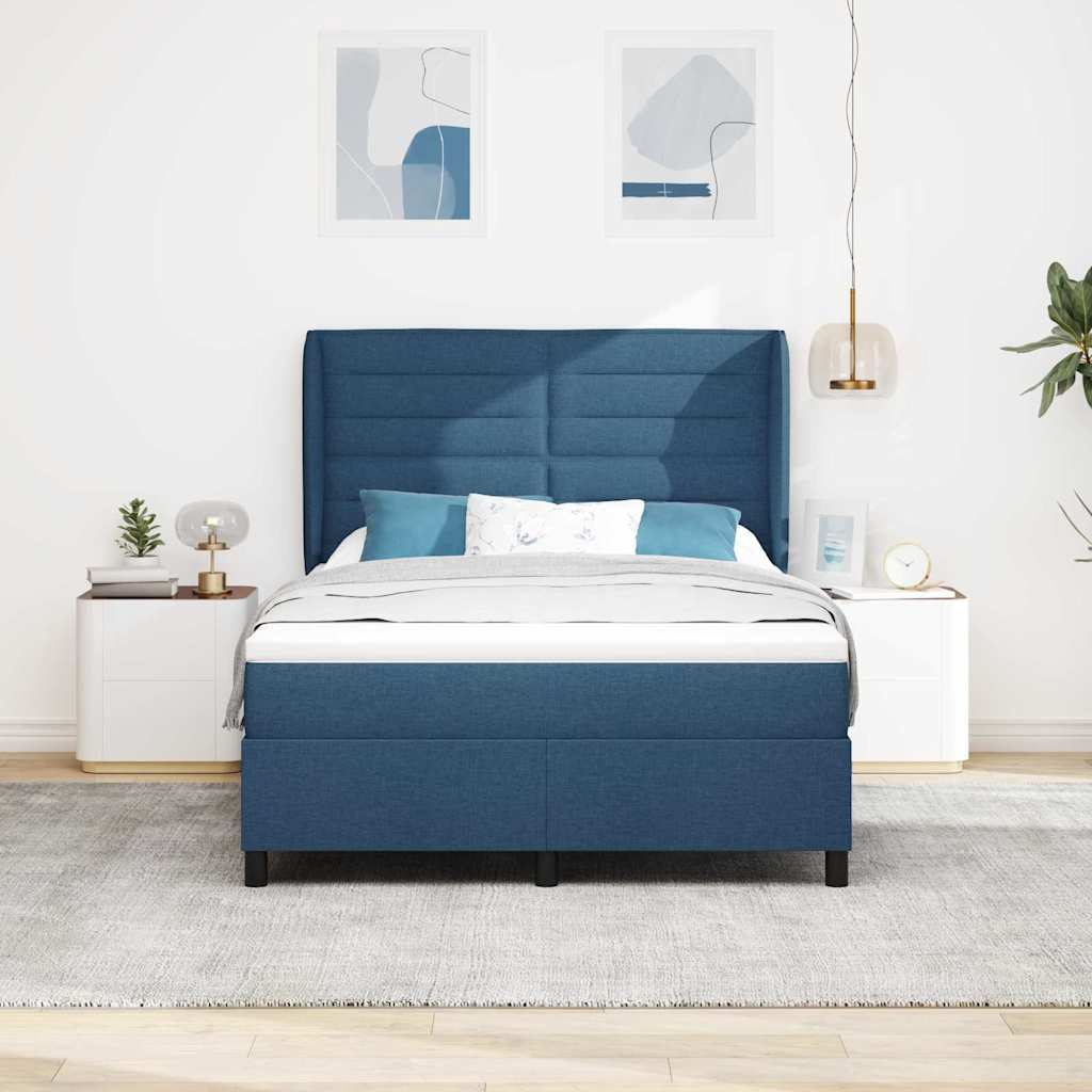 Postel S Boxspringem S Matrací S Čelo Modrá 140 X 190 Cm Textil