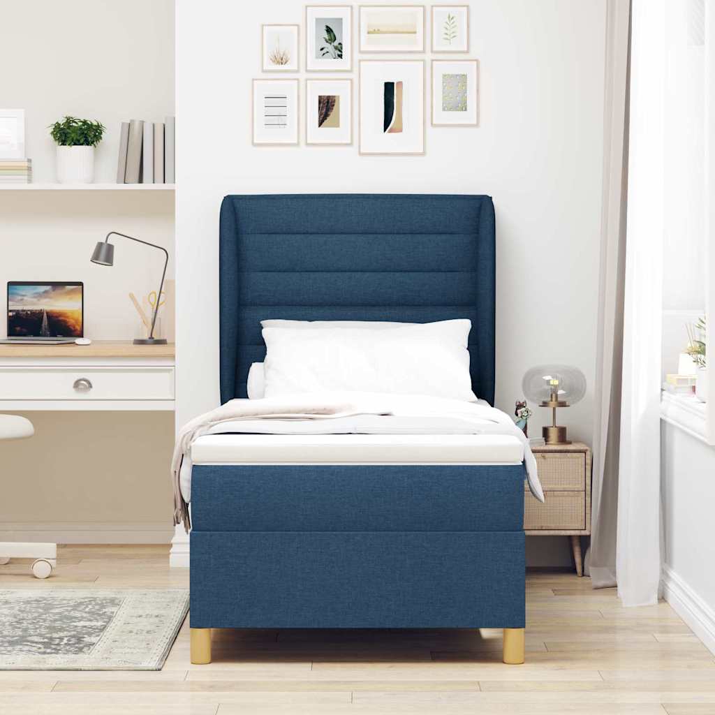 Postel S Boxspringem S Matrací S Čelo Modrá 190 X 90 Cm Textil