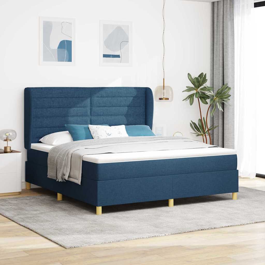 Postel S Boxspringem S Matrací S Čelo Modrá 200 X 180 Cm Textil