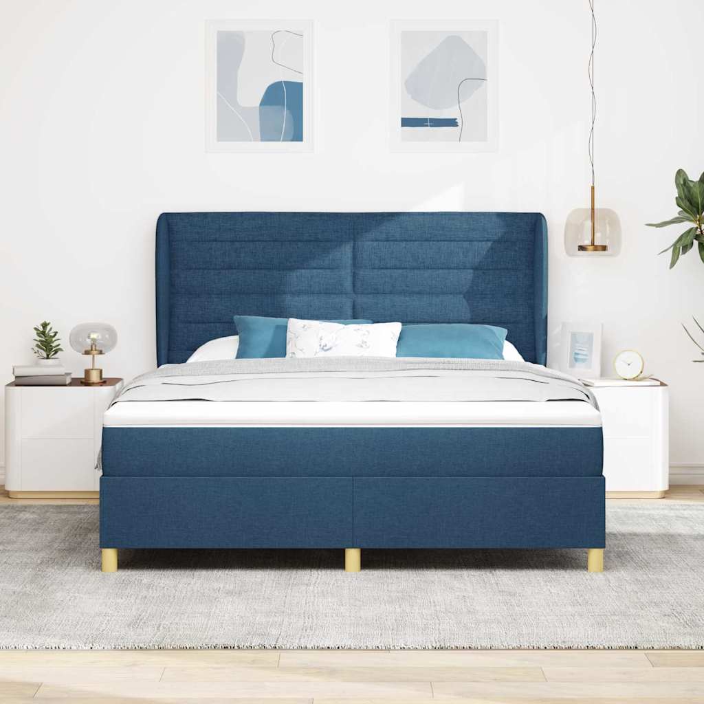 Postel S Boxspringem S Matrací S Čelo Modrá 200 X 180 Cm Textil