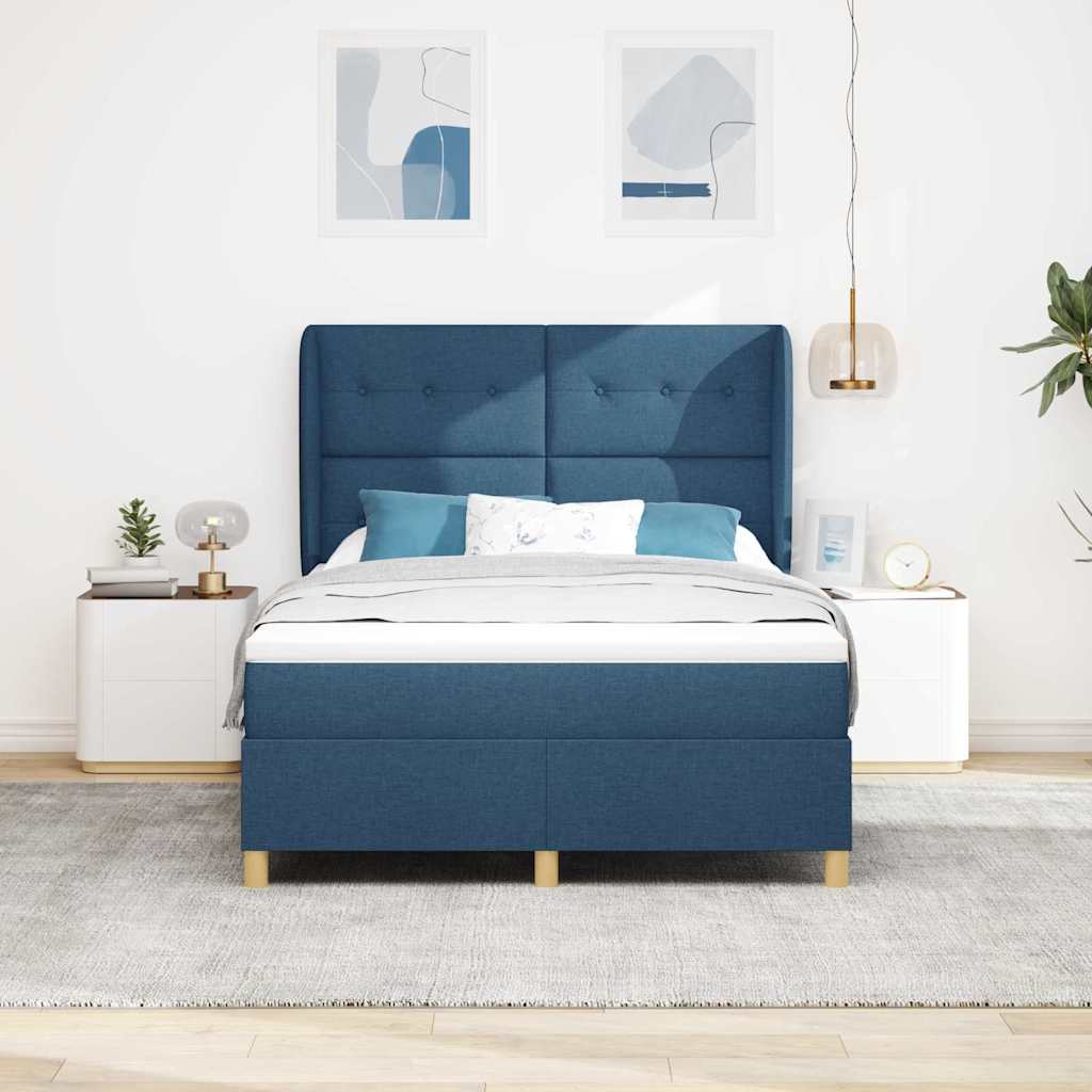 Postel S Boxspringem S Čelo Modrá 190 X 140 Cm Textil