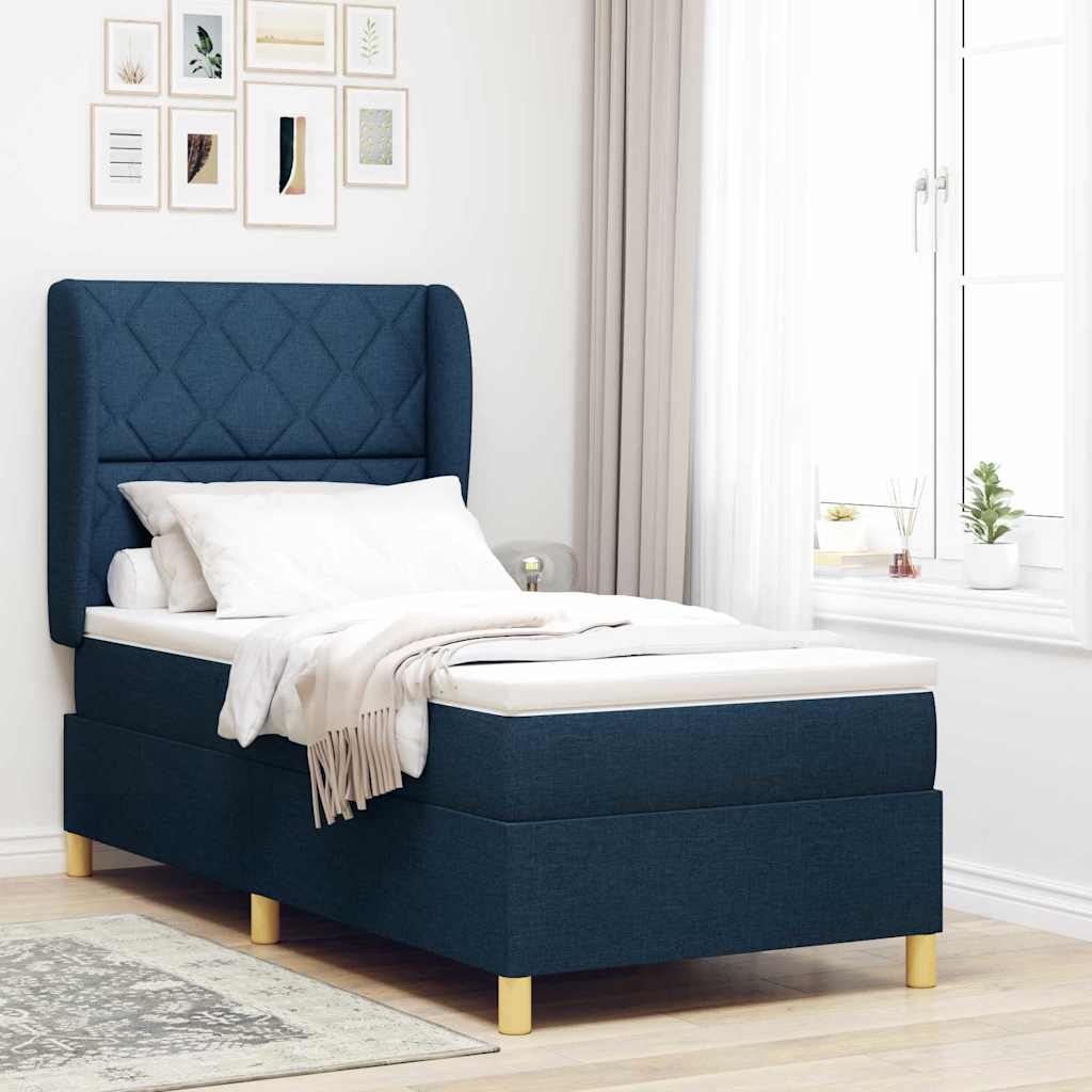 Postel S Boxspringem S Čelo Modrá 200 X 100 Cm Textil