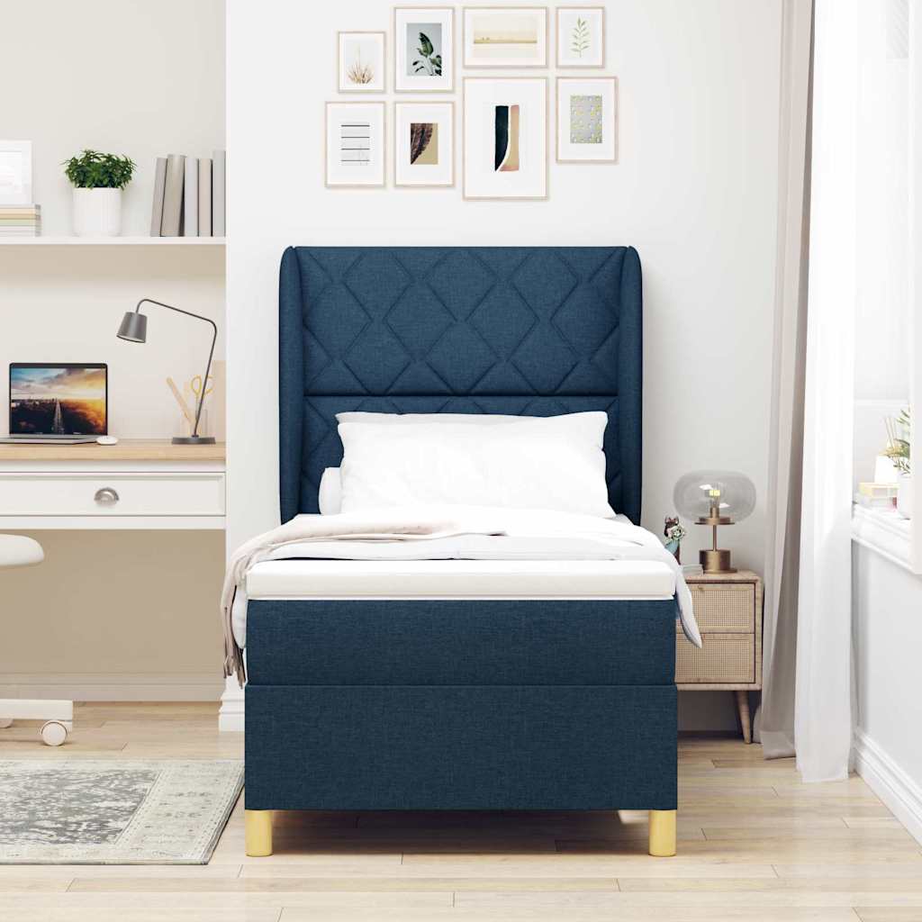 Postel S Boxspringem S Čelo Modrá 200 X 100 Cm Textil