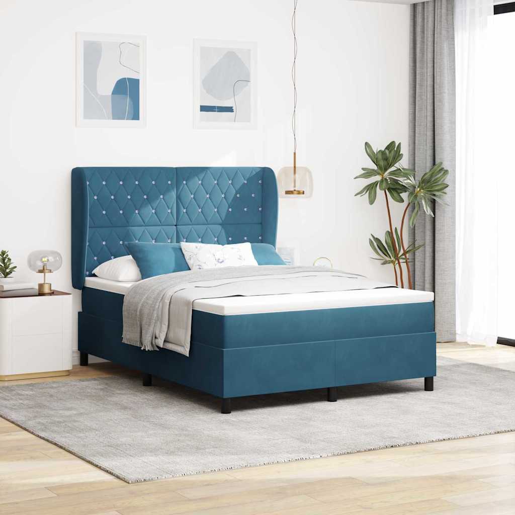 Postel S Boxspringem S Matrací Tmavě Modrá 200 X 140 Cm Samet
