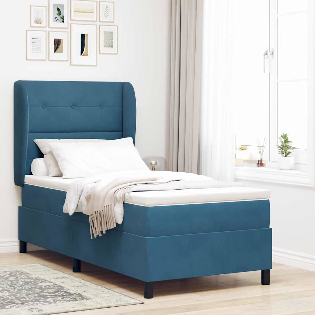 Postel S Boxspringem S Čelo Tmavě Modrá 200 X 90 Cm Samet