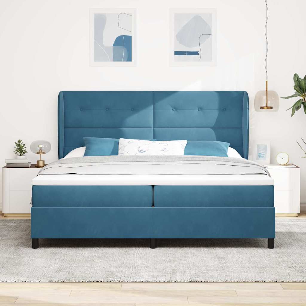 Postel S Boxspringem S Čelo Tmavě Modrá 200 X 200 Cm Samet