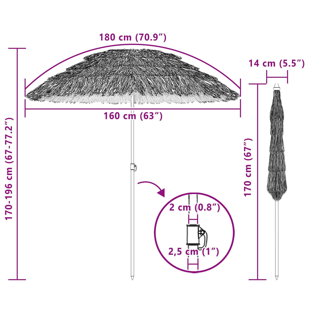 Plážový Slunečník 160 X 160 X 196 Cm Polyester A Ocel Přírodní