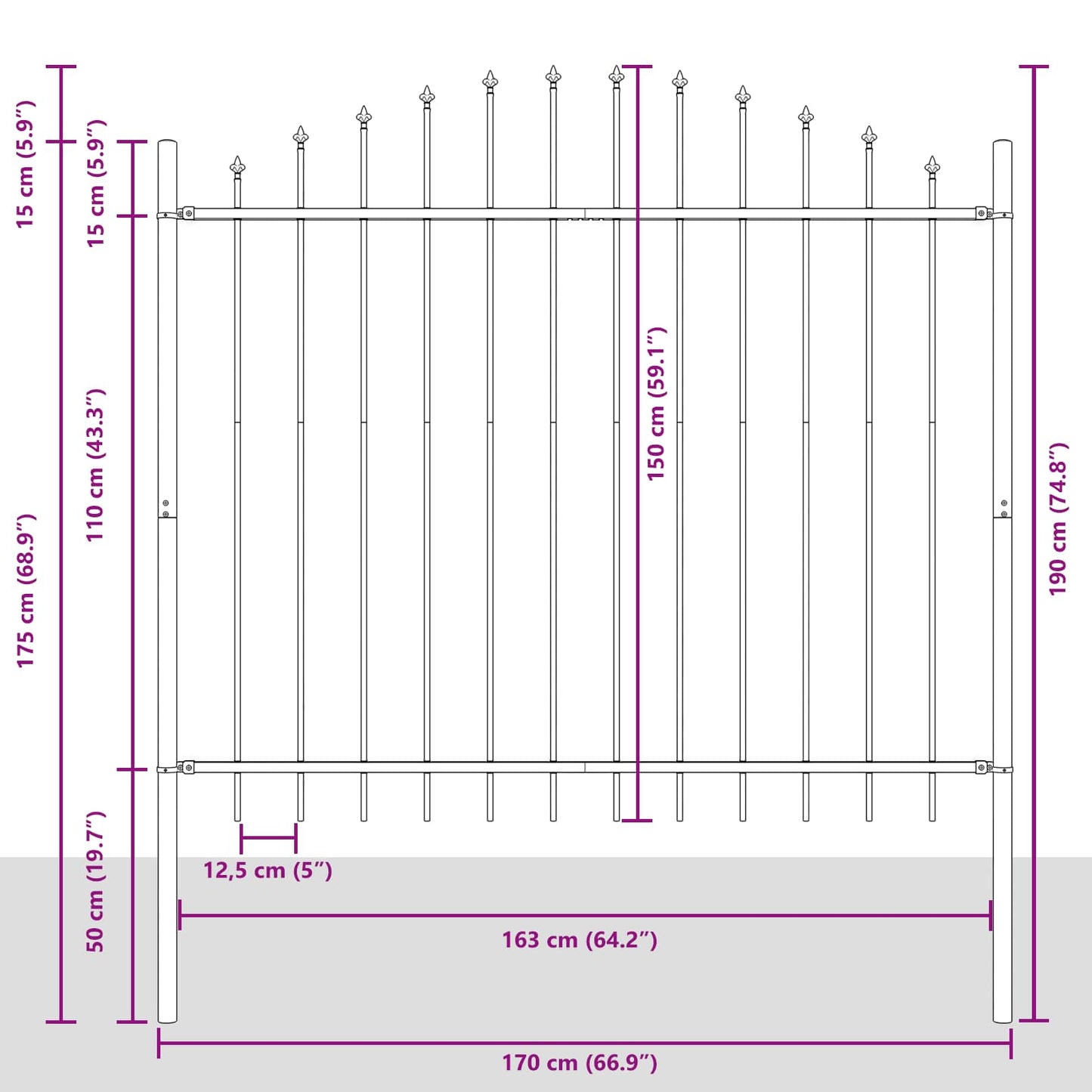 Zahradní Plot Woerden 170 X 190 Cm Práškově Lakovaná Ocel Šedá