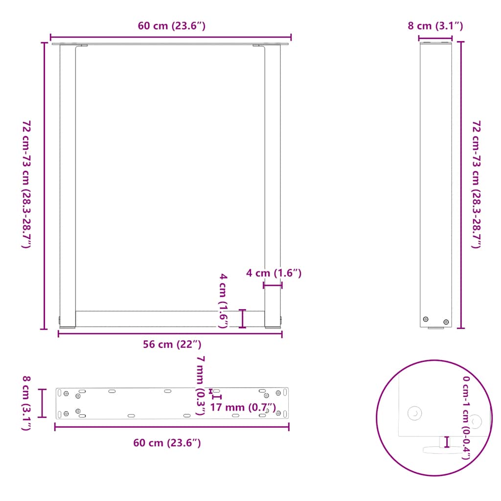 Nohy K Jídelnímu Stolu Ve Tvaru U, 2 Ks, Černé, 60 X (72-73) Cm, Ocel