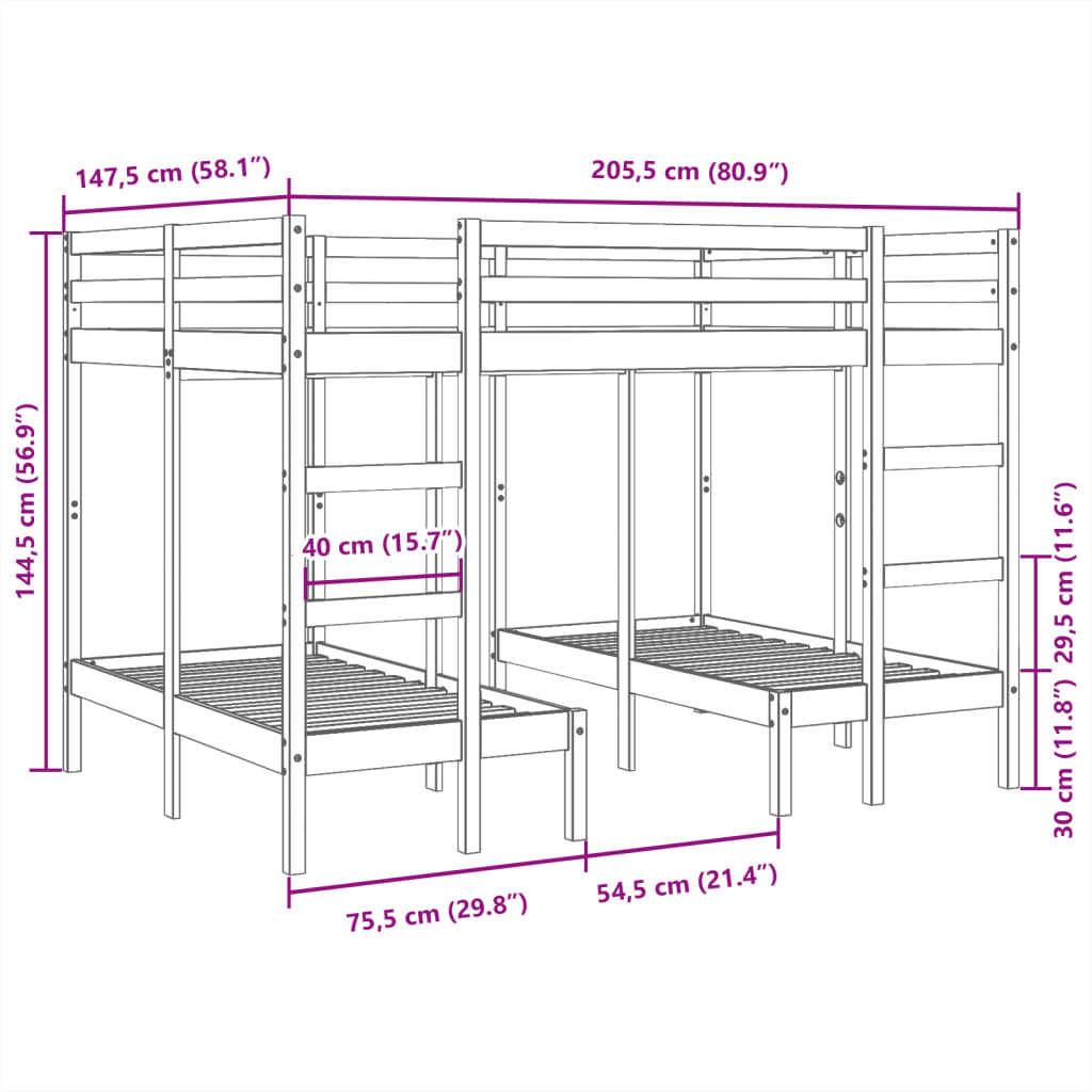 Rám Trojité Patrové Postele 140X200/70X140 Cm Masivní Borovice