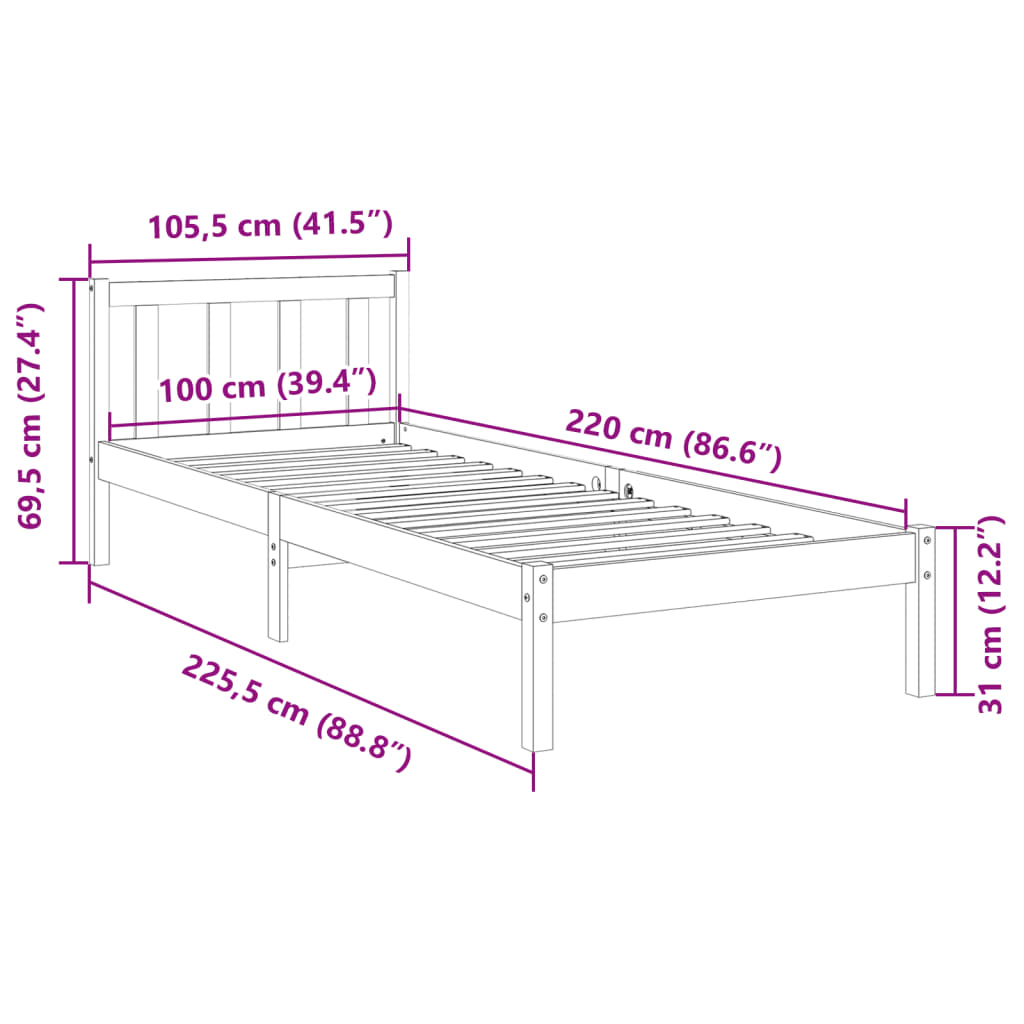 Prodloužený Rám Postele Bez Matrace 100 X 220 Cm Borovice