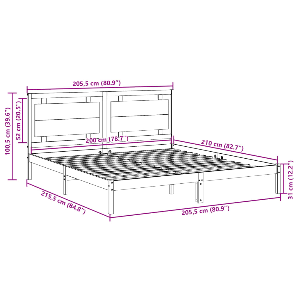 Prodloužený Rám Postele Bez Matrace 200 X 210 Cm Masivní Dřevo