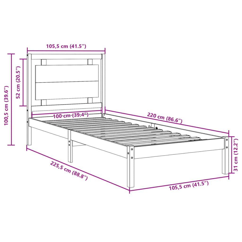 Prodloužený Rám Postele Bez Matrace 100 X 220 Cm Masivní Dřevo